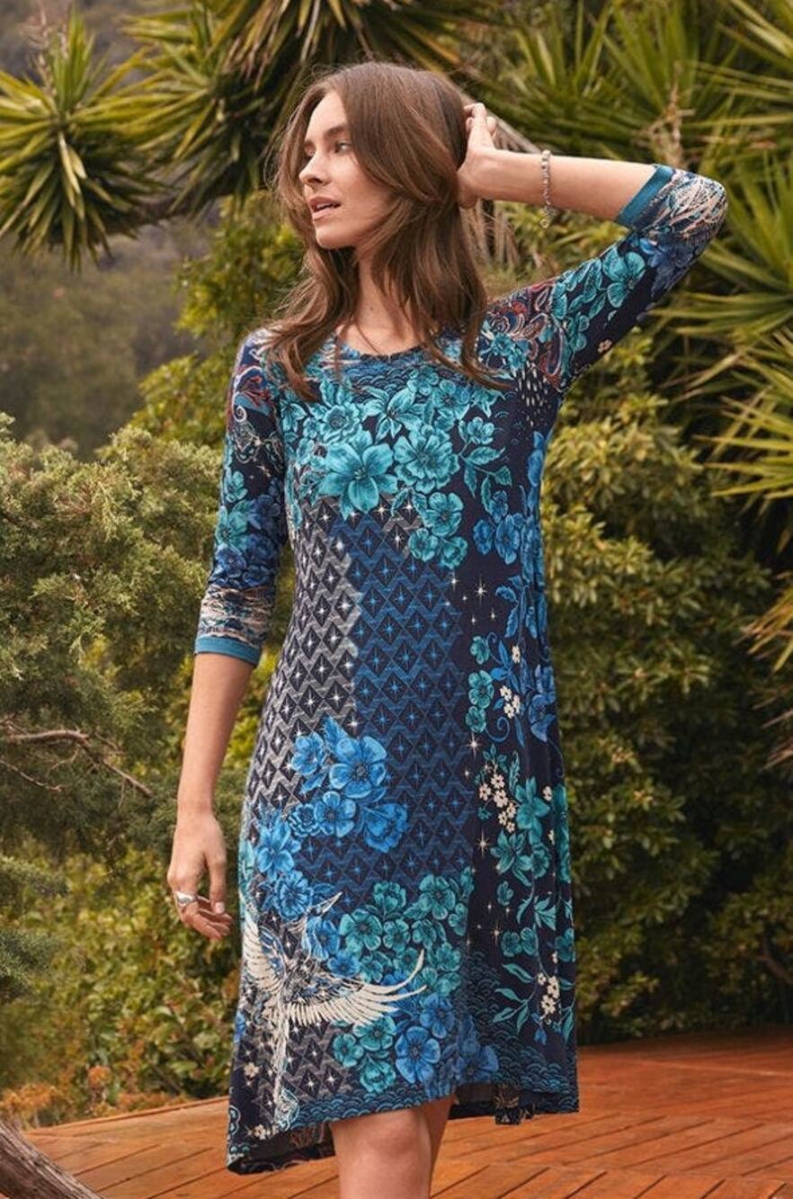 Johnny Was Lunamo Crane Bamboo Swing Dress Boho Resort Art to Wear Floral M